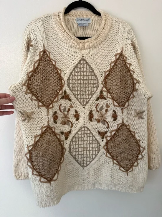 Vintage 90s Sz Lg Cottagecore Grandma Knit Chunky Neutral Sweater Patchwork Tan - Picture 3 of 16